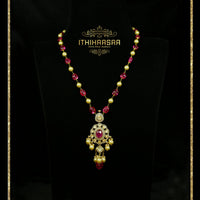 Semi precious Uncut polki stones with real pearls and pink tourmaline necklace