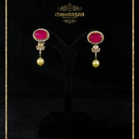 Semi precious uncut polki with ruby and single pearl drop earring