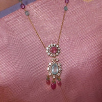 Aadhira Uncut Polki Necklace with Rich Lab Grown Russian Emerald & Tourmalines Set