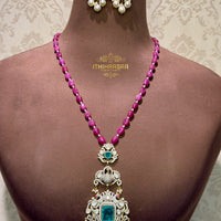 Victorian Peacock Long Necklace with Earrings handcrafted in 9.5 hallmark silver with semi precious uncut polki stones and ruby beads