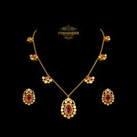 Victorian Pink Sapphire Necklace with Uncut Polkis and Matching Studs in 24ct Gold Plated 92.5 Silver
