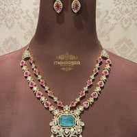 Victorian Russian Emerald & Pink Tourmaline Polki Necklace with Earrings made with semi precious uncut polki stones crafted by 92.5 hallmark silver