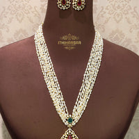 Victorian Pearl Necklace and earrings with semi precious uncut polkis and real kc pearls handcrafted in 92.5 silver by ithihaasaa