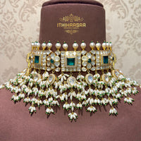 handcrafted Real Rich KC Pearls, Semi-precious Uncut Polkis and Emeralds with 92.5 silver choker
