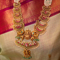 24ct Gold Plated Royal Antique Vintage Nakshi Kundan Grand Goddess Lakshmi Pearl Haar in Hallmark Pure Silver 92.5, with Real Pearls paired with kundan and pearl drop jhumkas