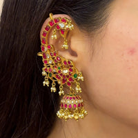 Double-Sided Mango Mala with ear cuff jhumkas crafted in 92.5 hallmark silver with kundan stones in 24ct gold plating