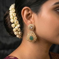 Grand uncut polki earring wih green stone made with 92.5 silver