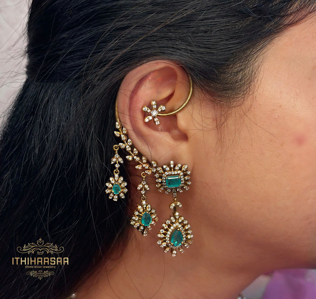 Victorian Russian Emerald Uncut Polki earcuff jhumkas, beautifully fits the ear handcrafted with 925 silver