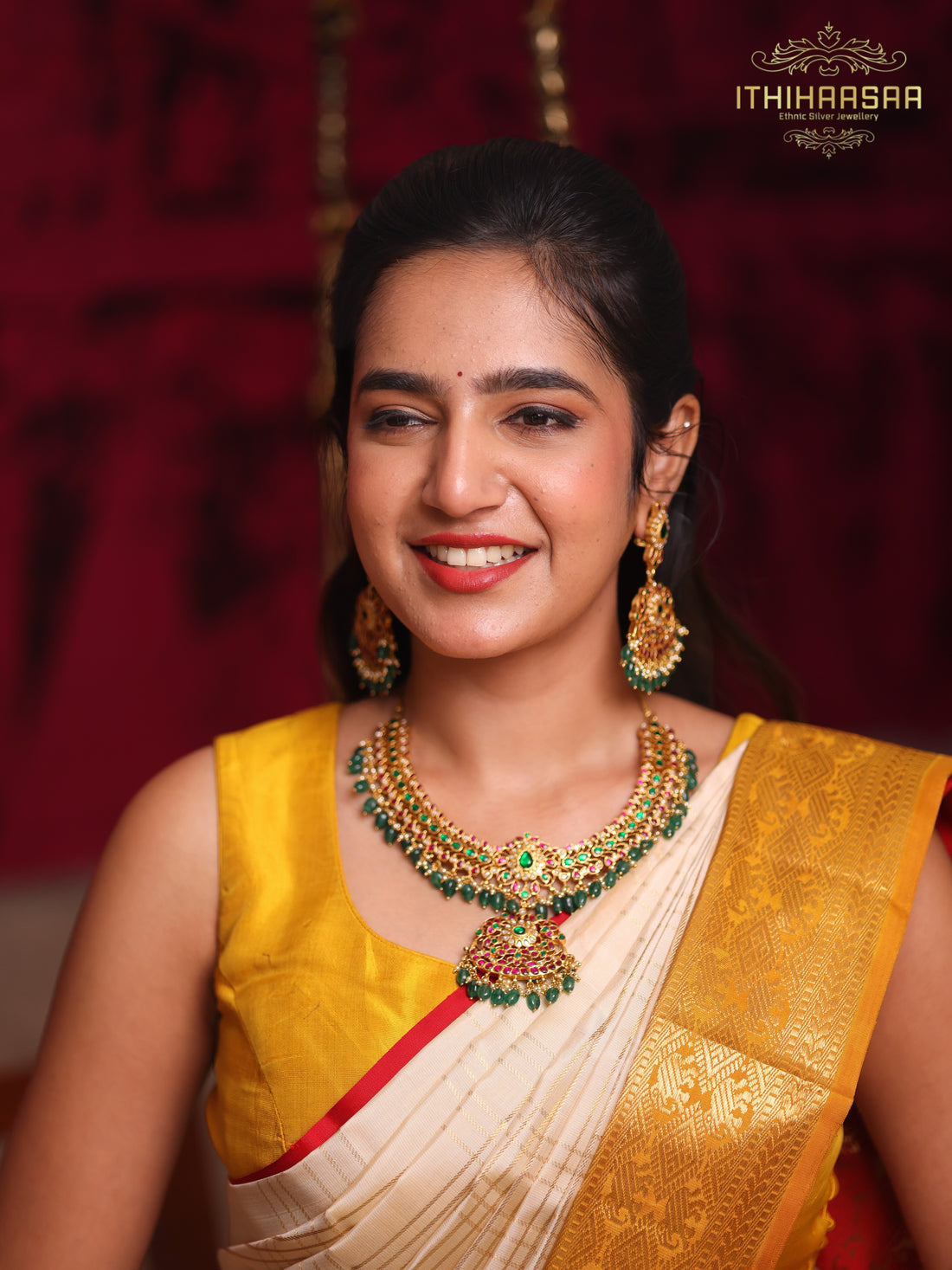 Antique Kundan stone with green onyx beads paired with kundan long earrings made with 92.5 silver