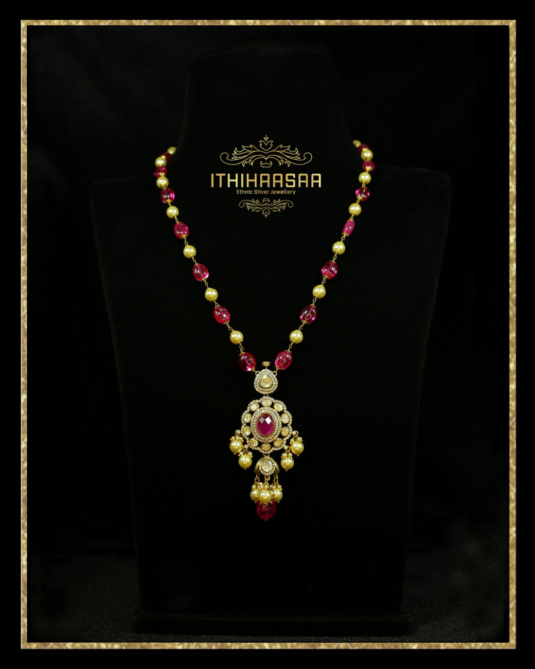 Semi precious Uncut polki stones with real pearls and pink tourmaline necklace
