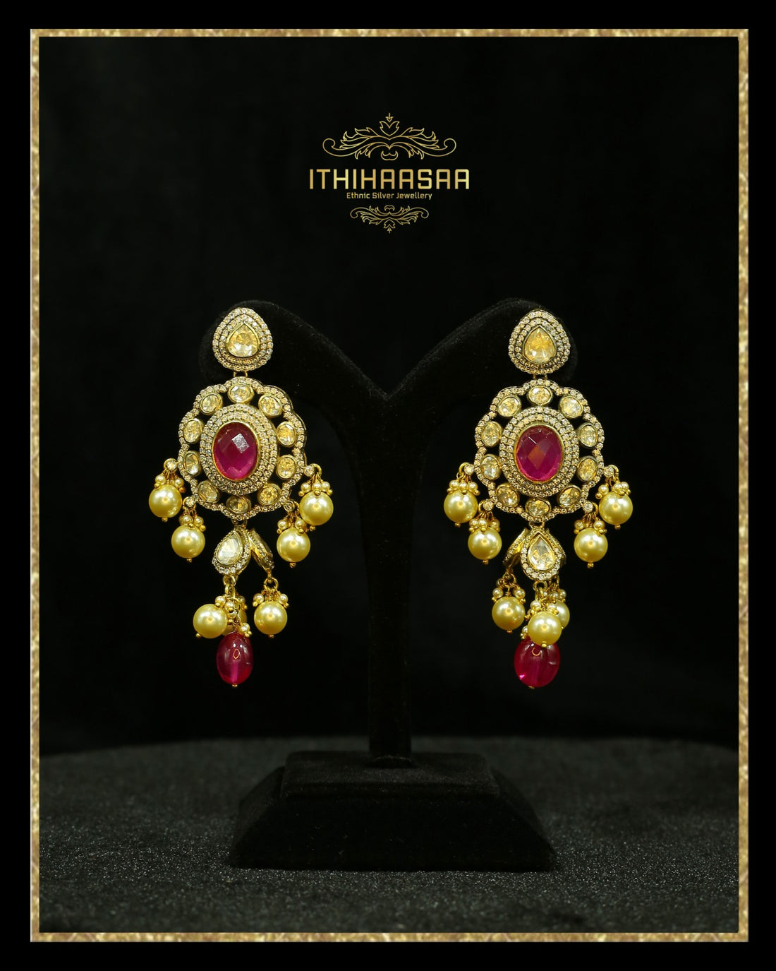 Semi precious uncut polki stones with pink stones and real pearls