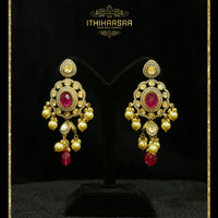 Semi precious uncut polki stones with pink stones and real pearls