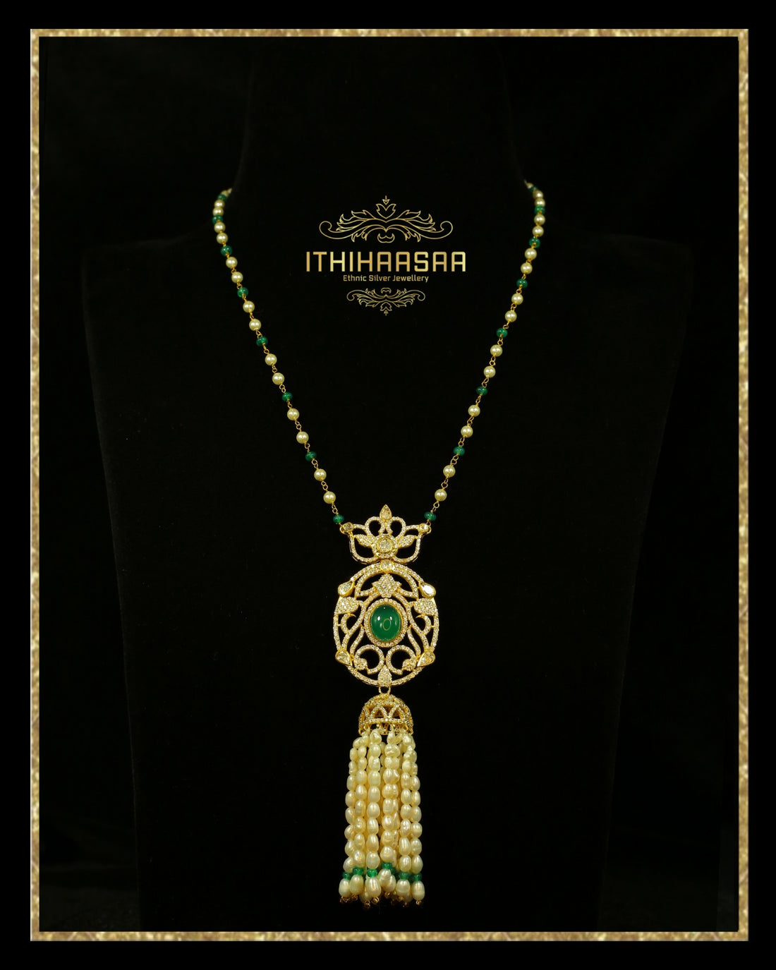 CZ stone with emerald stones with pearl tassels