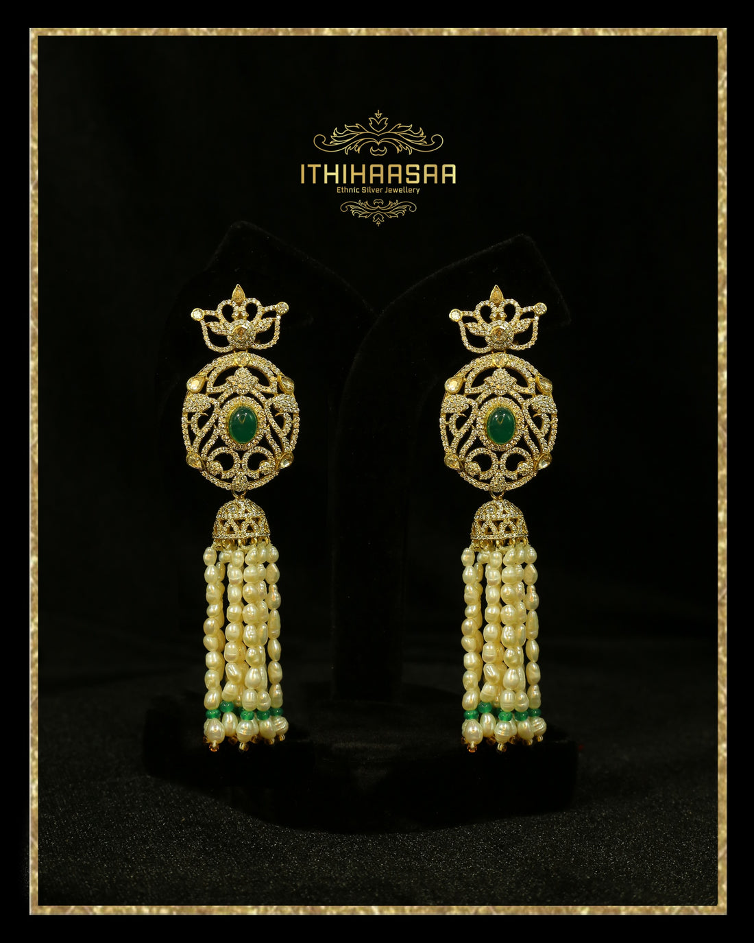 CZ stones with emeralds and pearl tassel earrings