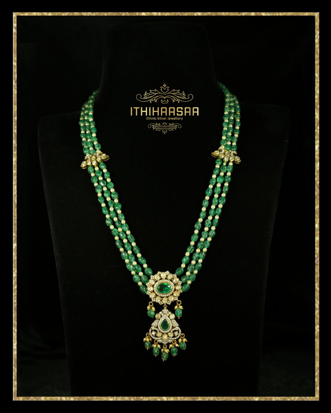 Semi precious Uncut Polki, Elegant Green Onyx Beads paired with striking Emerald Stones