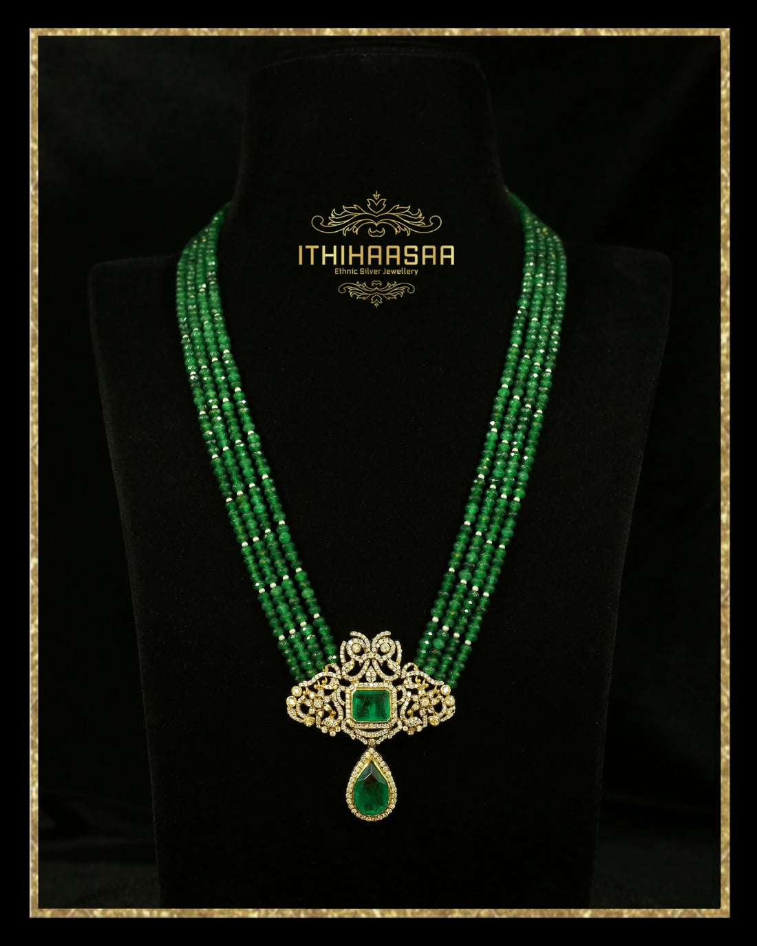 deep green layered Onyx Beads with emerald stones in the center made with 92.5 silver