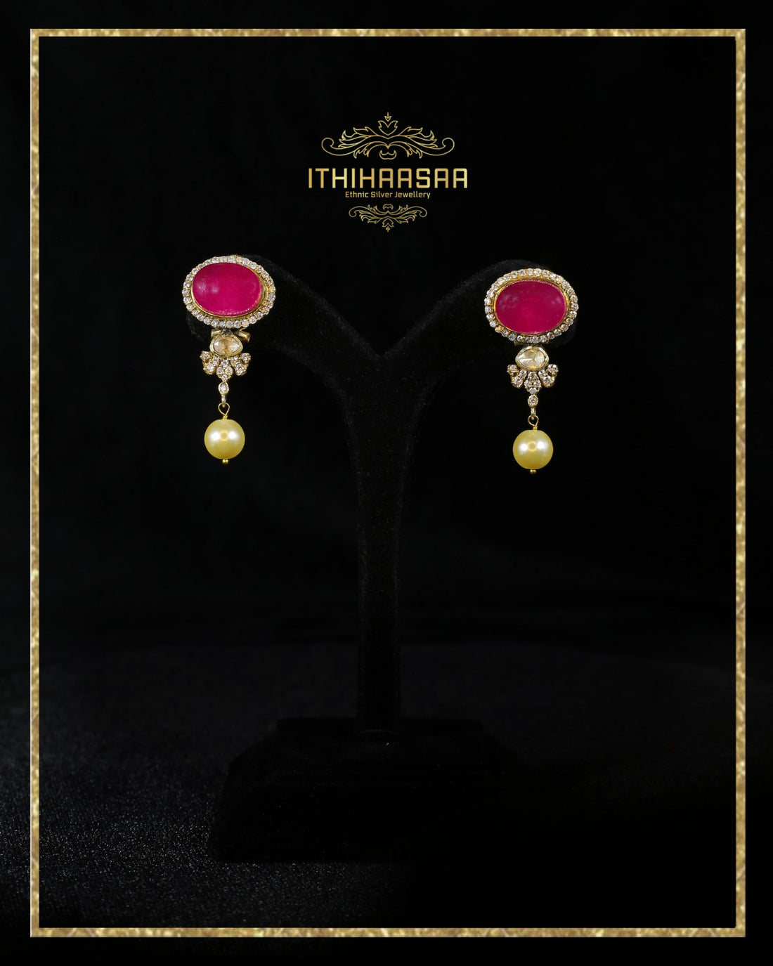 Semi precious uncut polki with ruby and single pearl drop earring