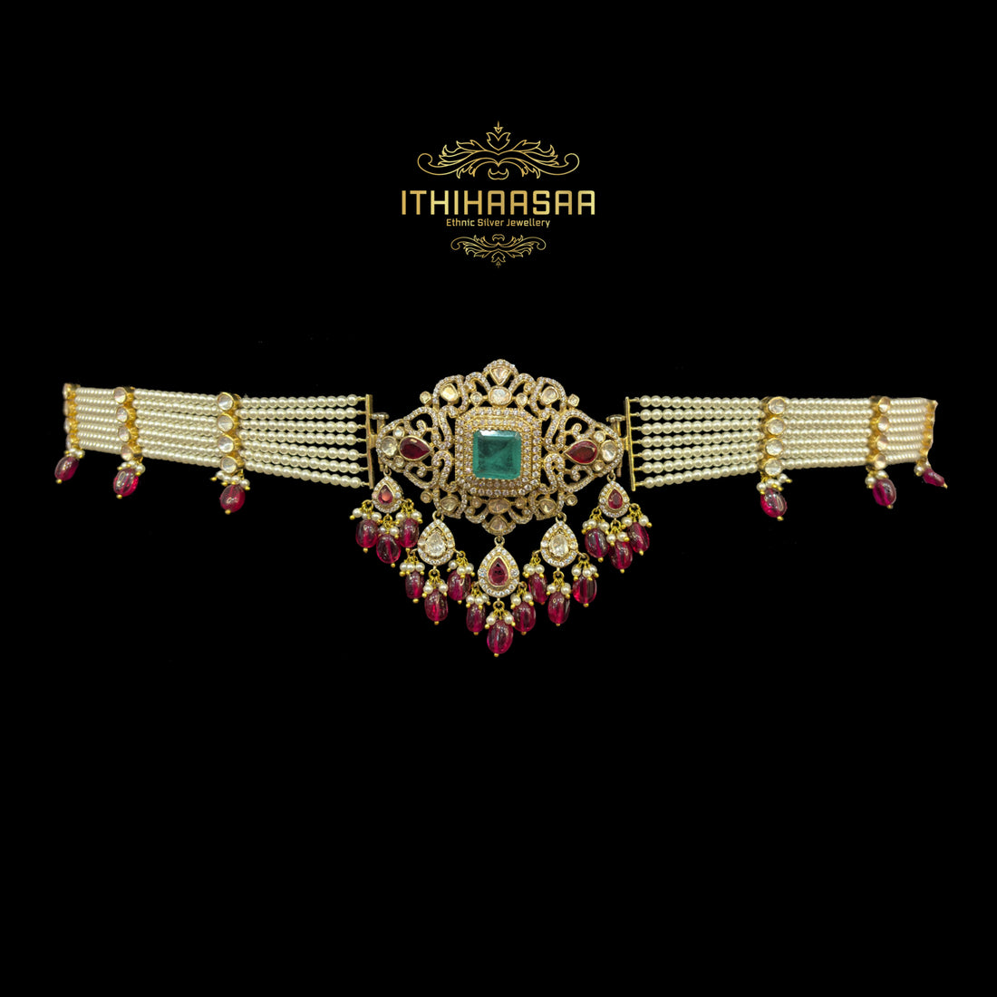 2 in 1 choker/ Waist belt with Real Pearls, Semi-Precious Uncut Polkis, Russian Emeralds and Ruby beads in 92.5 Silver