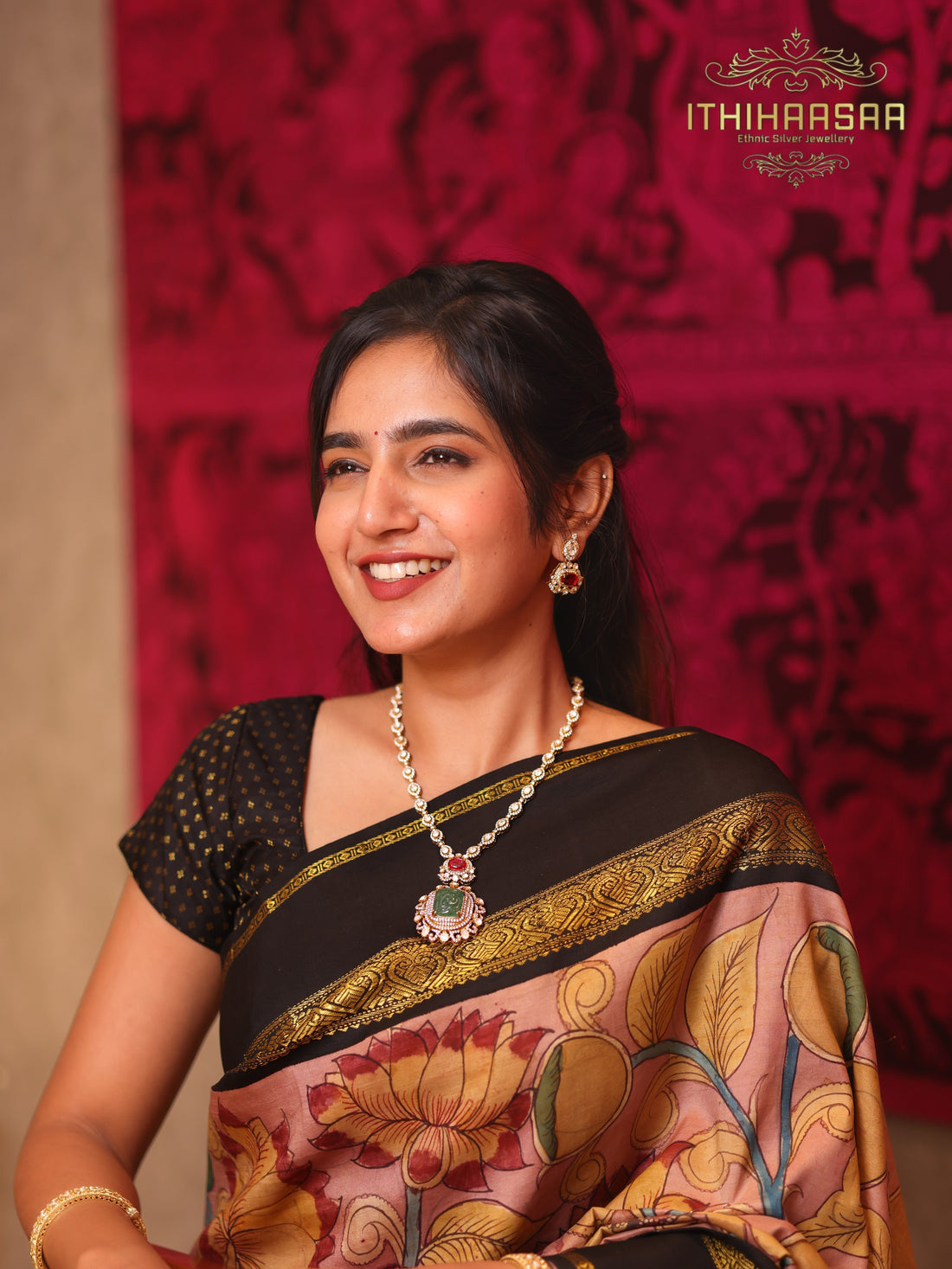semi precious uncut polki necklace with onyx beads, russian emeralds and ruby paired with stunning earrings made with 92.5 silver