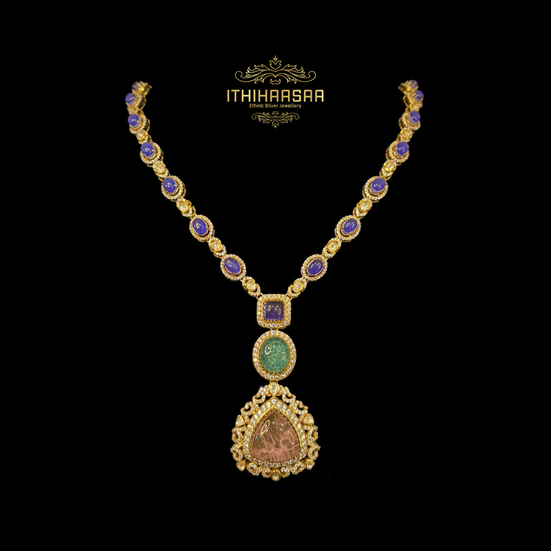Semi-precious Uncut Polkis stones, Tanzanite's, Rose Quartz and Russian Emerald necklace in 92.5 silver