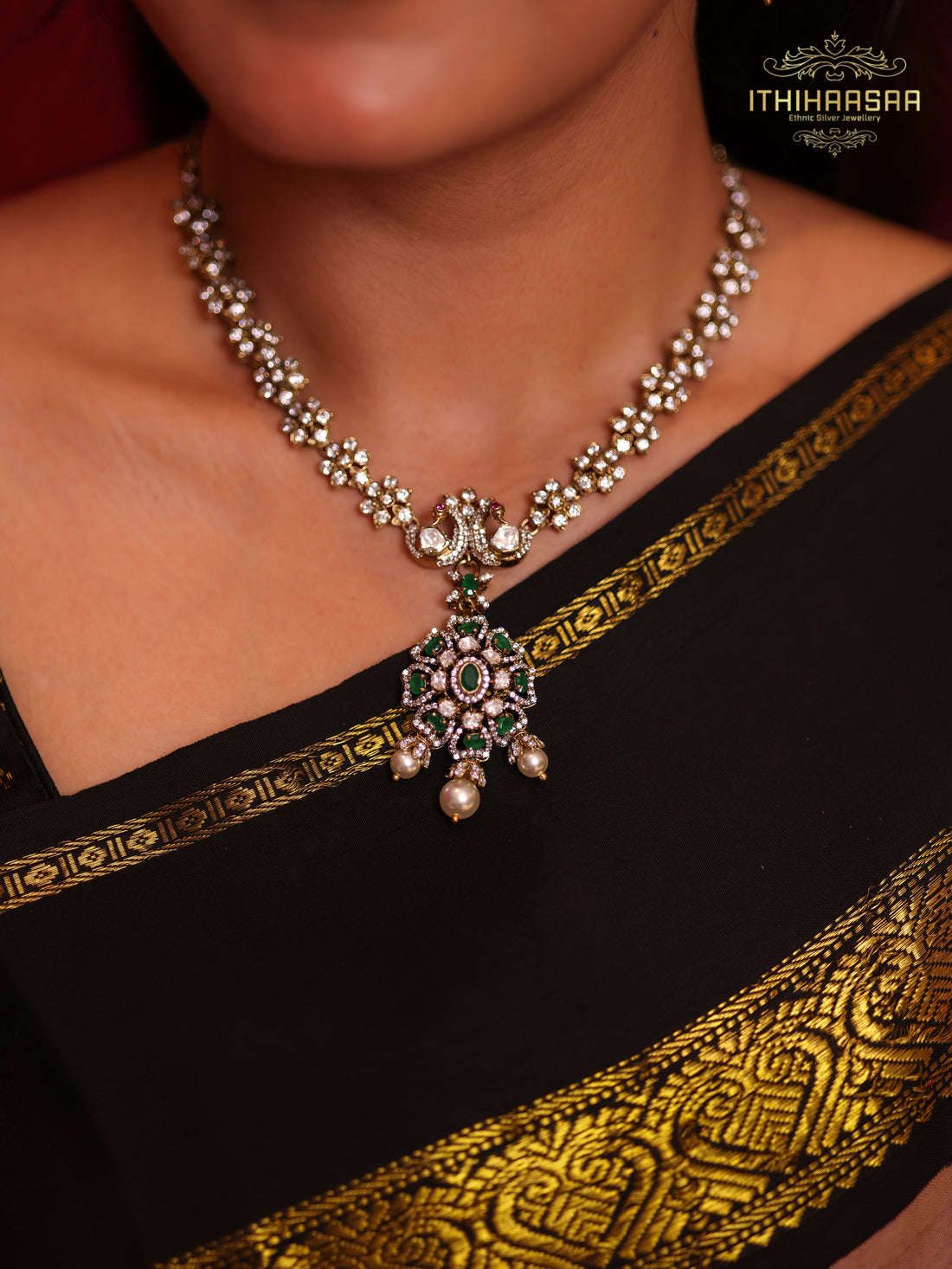 Vritika Peacock Uncut Polki Emerald Necklace Set