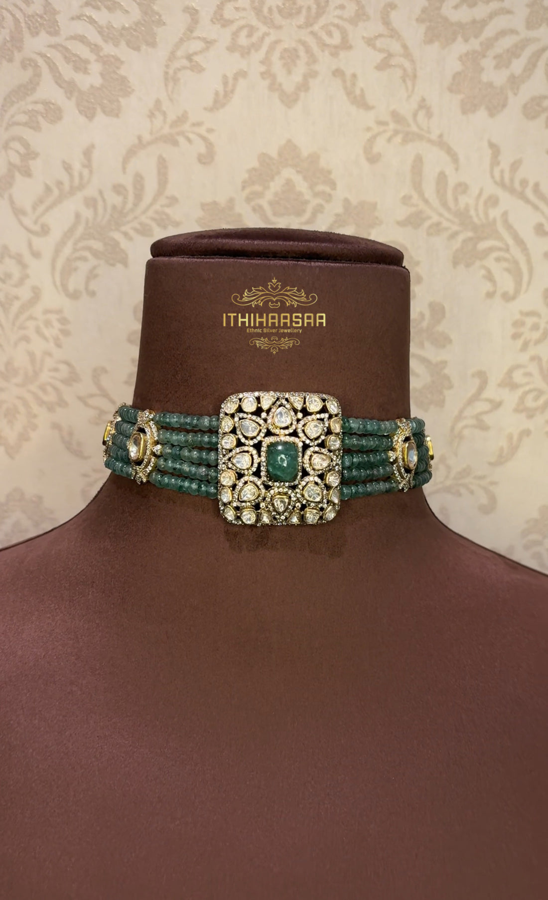 Semi precious uncut polki choker with real onyx beads in layers