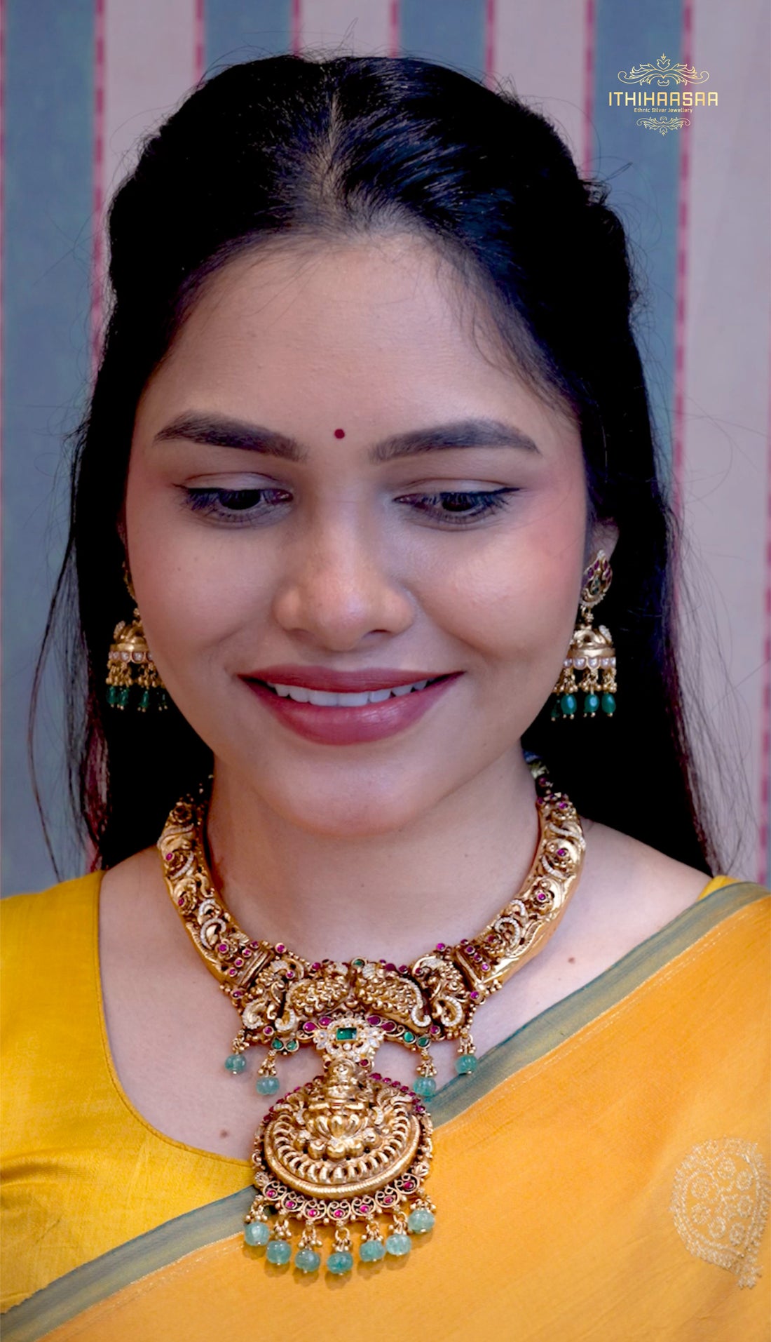 Antique Nakshi kundan Necklace with pumpkin beads and matching kundan jhumkas
