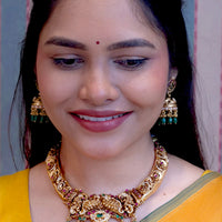 Antique Nakshi kundan Necklace with pumpkin beads and matching kundan jhumkas