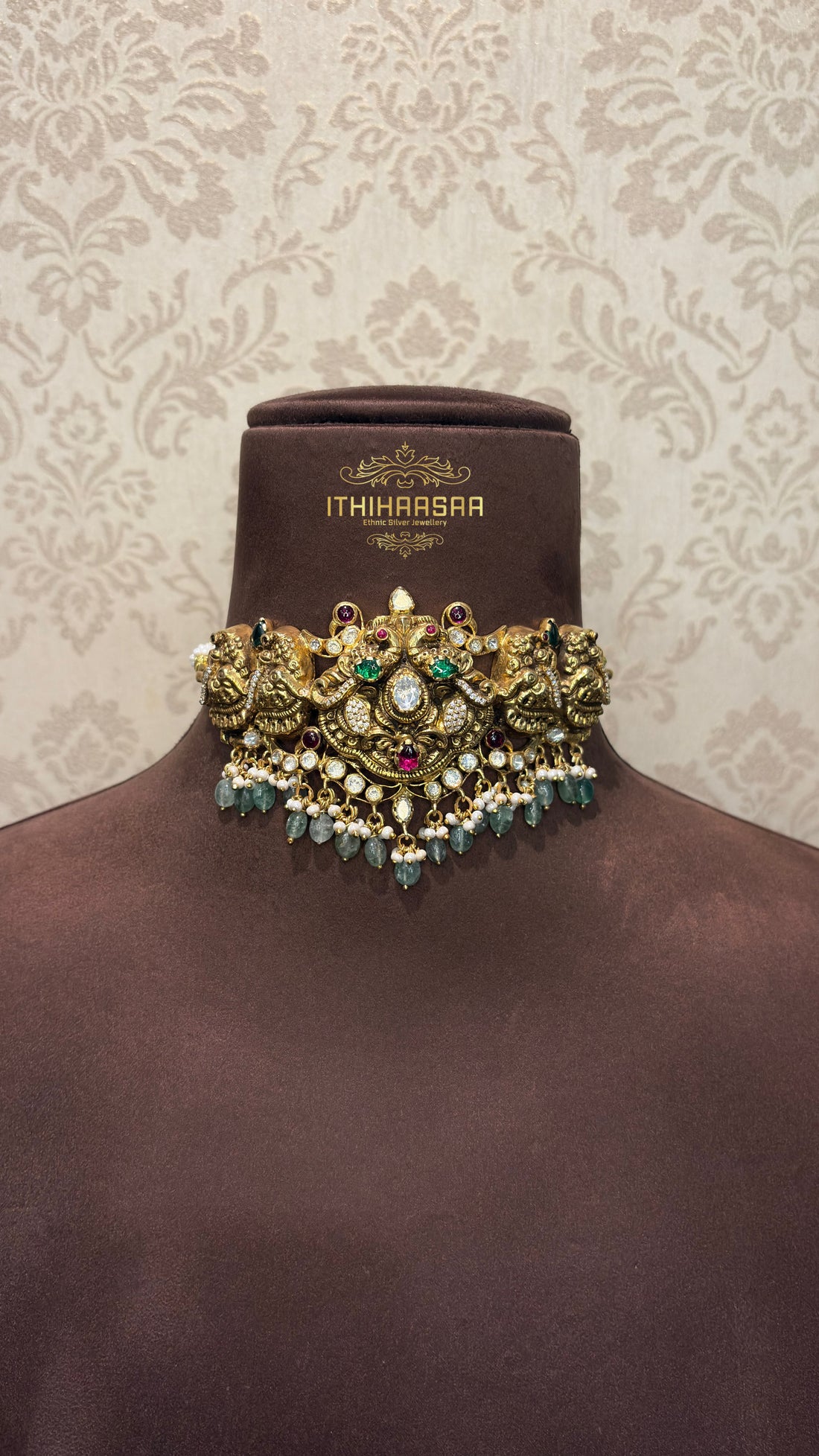 Antique Semi Precious Kundan choker with peacock motifs and real onyx beads