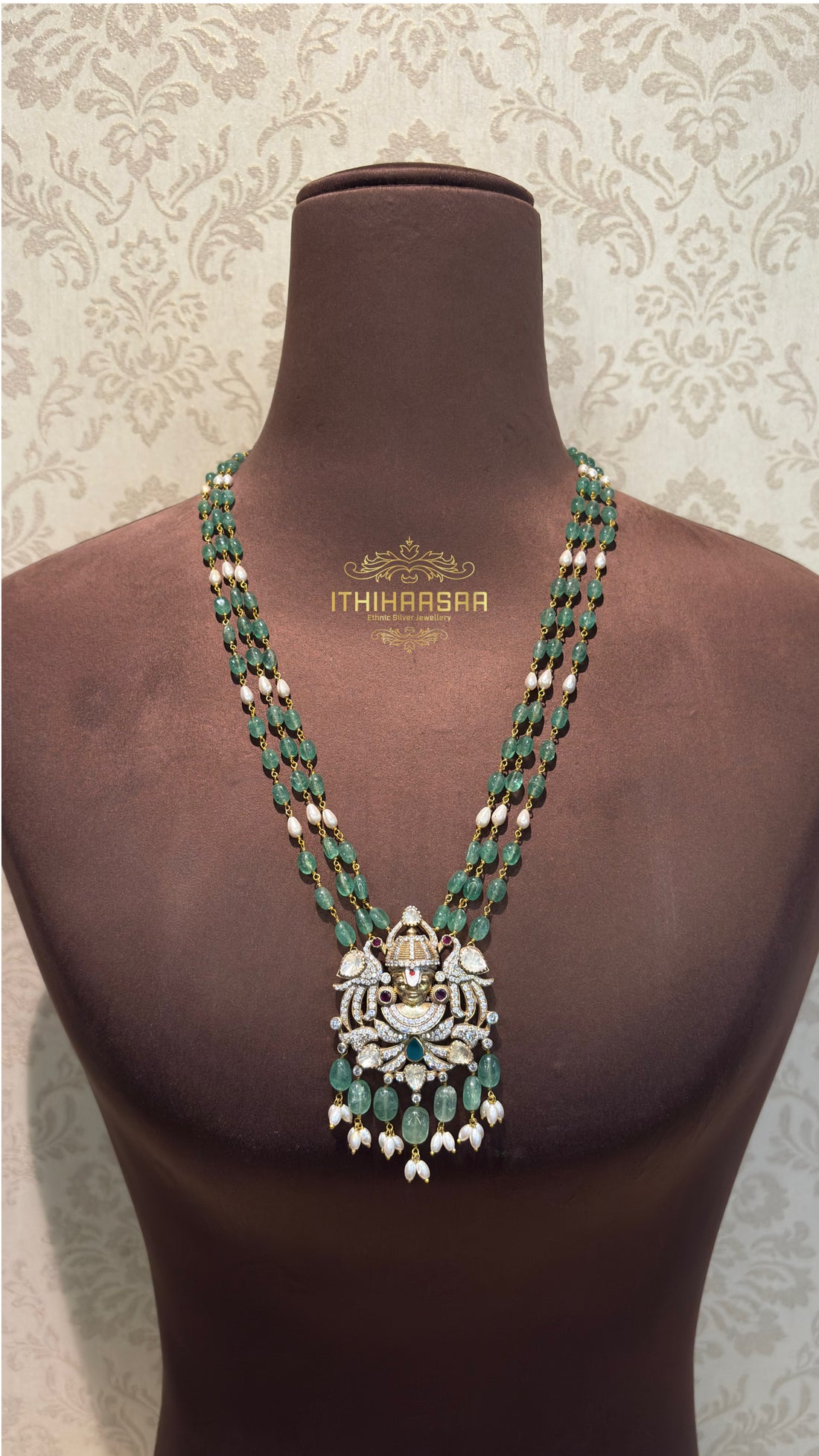Layered onyx beads with lord balaji pendant  and real pearl beads