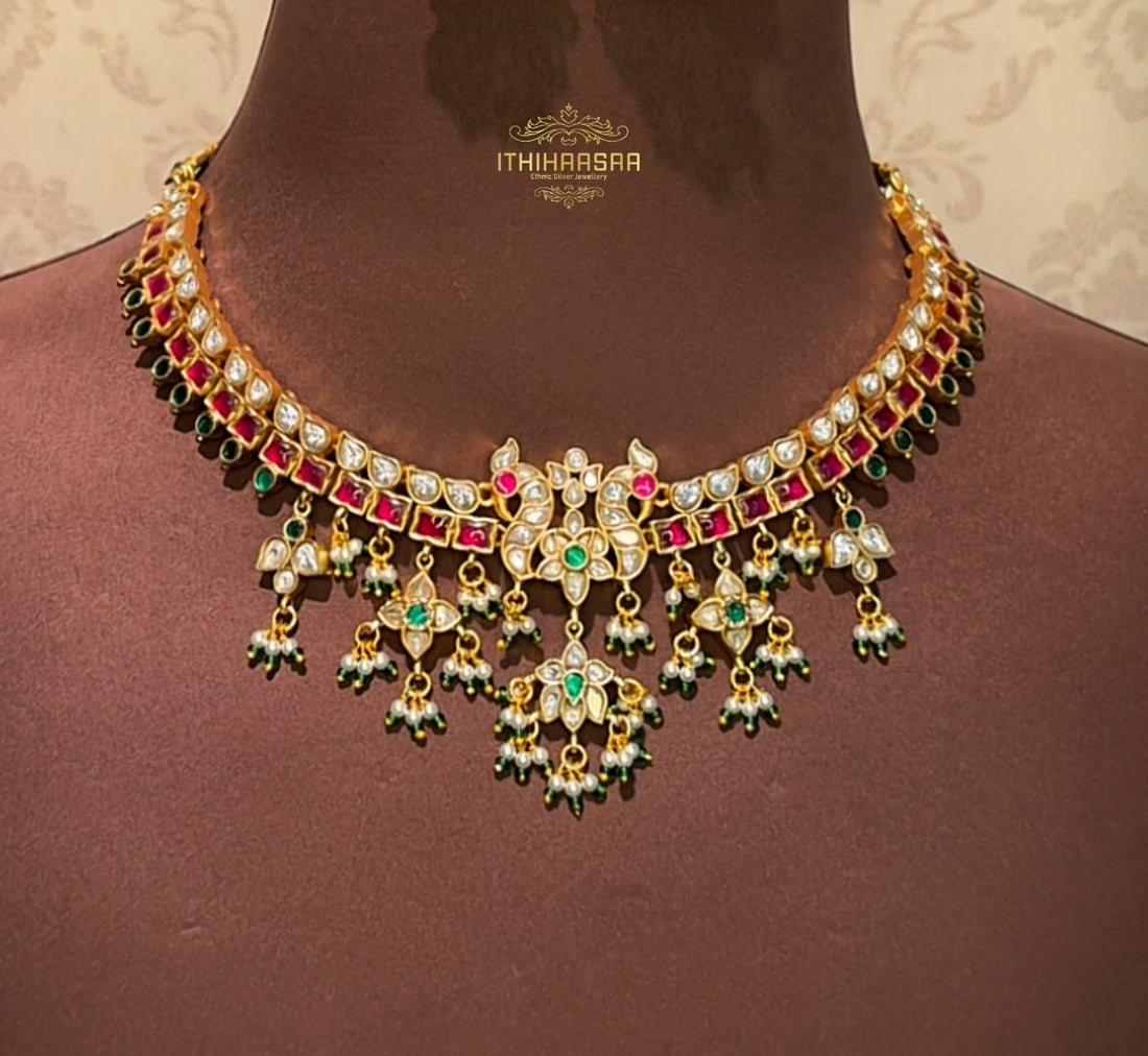 Antique Semi Precious Kundan Necklace with peacock and floral motifs made with 92.5 silver