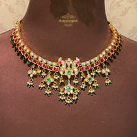 Antique Semi Precious Kundan Necklace with peacock and floral motifs made with 92.5 silver