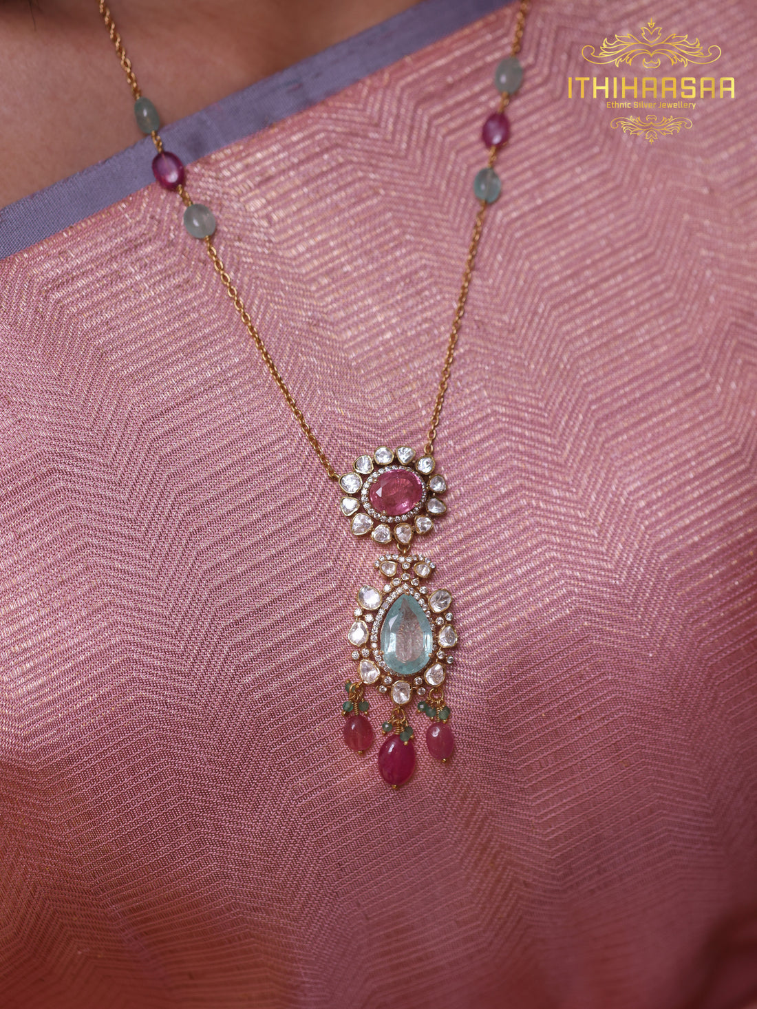 Aadhira Uncut Polki Necklace with Rich Lab Grown Russian Emerald & Tourmalines Set