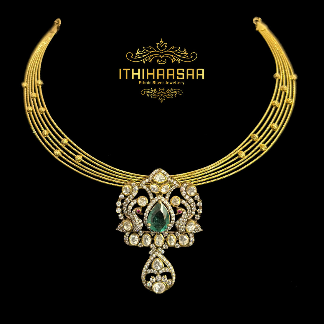 Vasudha Emerald Peacock Uncut Polki Necklace