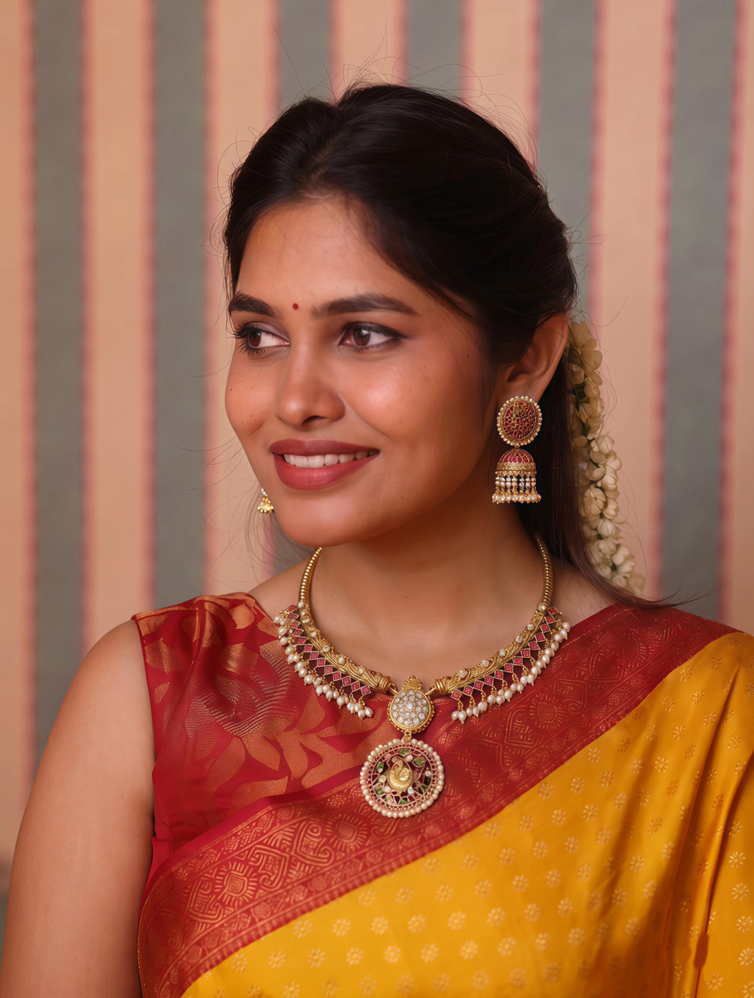 Mayuri Hasli Necklace with kundan stones and matchin kundan jhumkas with real pearls handcrafted with with 92.5 silver