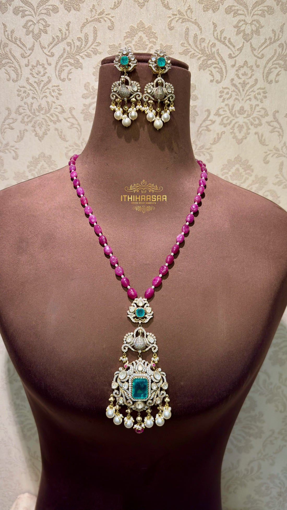 Victorian Peacock Long Necklace with Earrings handcrafted in 9.5 hallmark silver with semi precious uncut polki stones and ruby beads