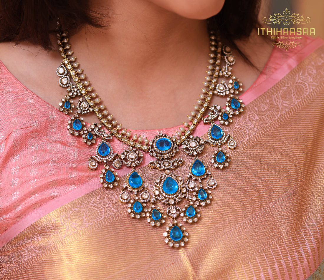 Victorian Russian Emerald Uncut Polki Necklace set with a diamond finished handcrafted in 92.5 silver