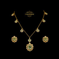 Victorian Colombian Emerald Necklace with Uncut Polkis and Statement Studs in 24ct Gold Plated 92.5 Silver