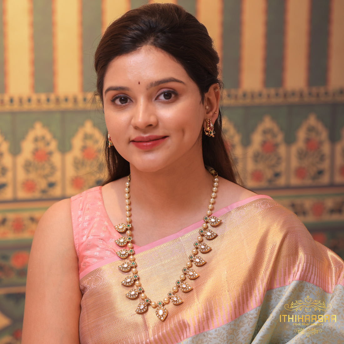 Double Sided Pearl Mango Mala Set with classic white kundan mango mala made with 92.5 silver with matching 92.5 silver