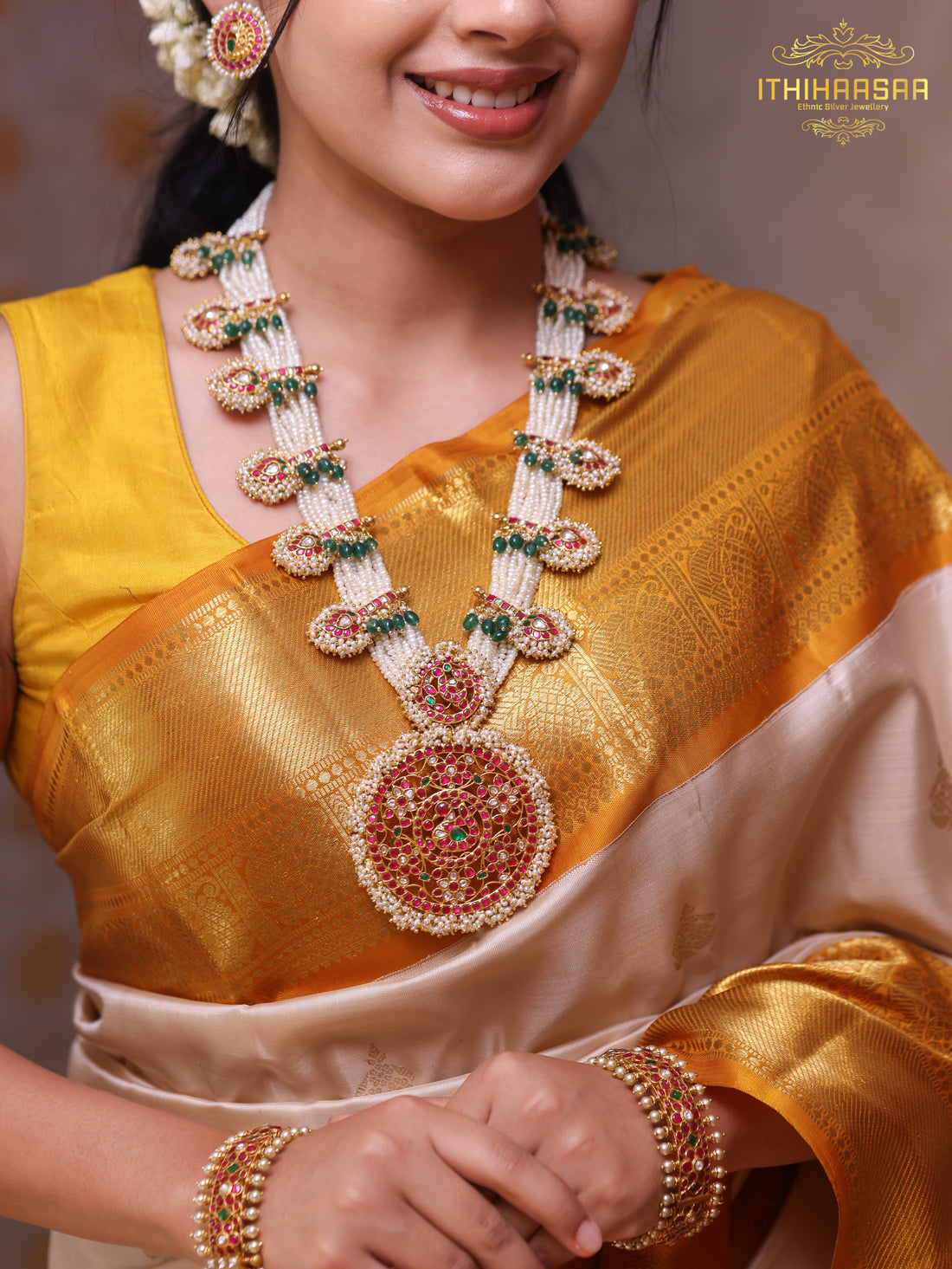 Mayura Mukthika - Real Pearl Peacock Kundan Haar