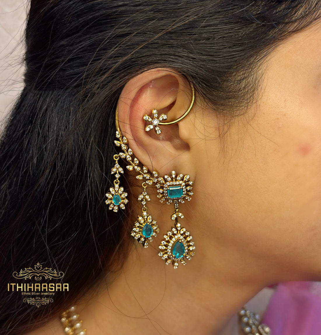 semi precious uncut polki Victorian finish Russian emeralds earcuff jhumkas handcrafted with 25 silver