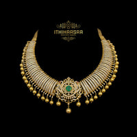 CZ Diamond Tussi Necklace in 24ct Gold micron plated Hallmark Pure Silver 92.5 studded with AAA High quality CZs and Semiprecious Emerald.