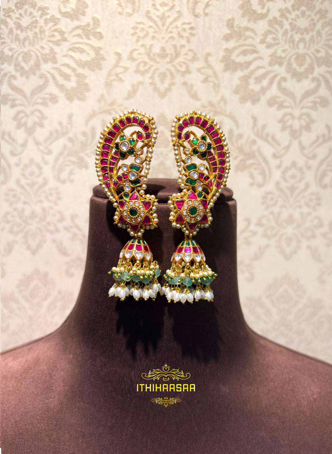 Semi precious antique kundan earcuff jhumkas handcrafted in 92.5 silver by our skilled gold karigars