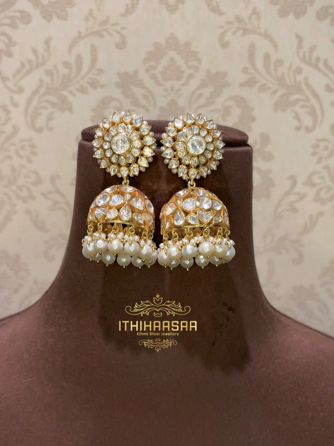  Real Rich KC Pearls, Semi-precious Uncut Polkis jhumkas handcrafted with 92.5 silver
