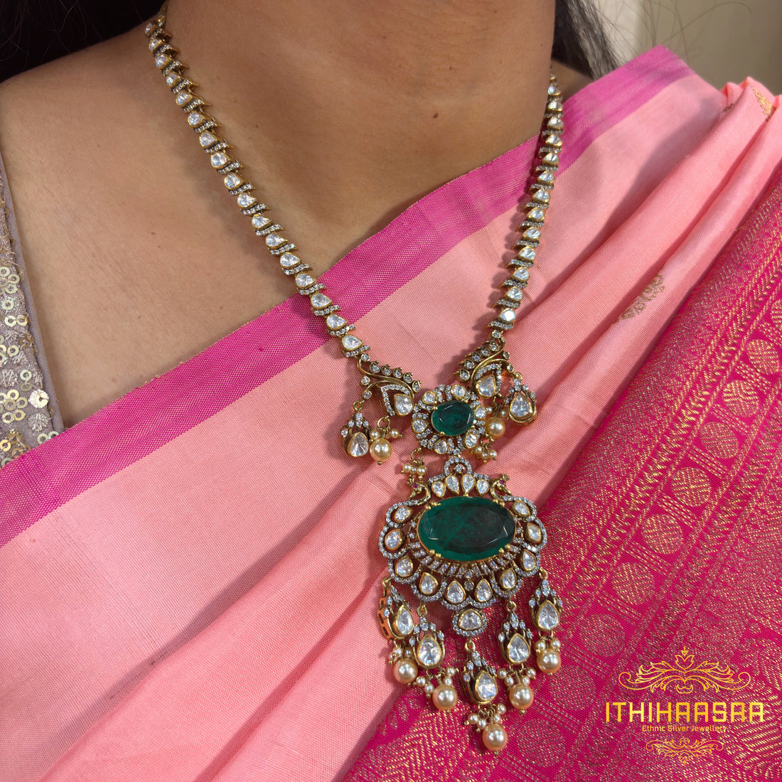 Aarohi Statement Victorian Emerald Uncut Polki Jewellery
