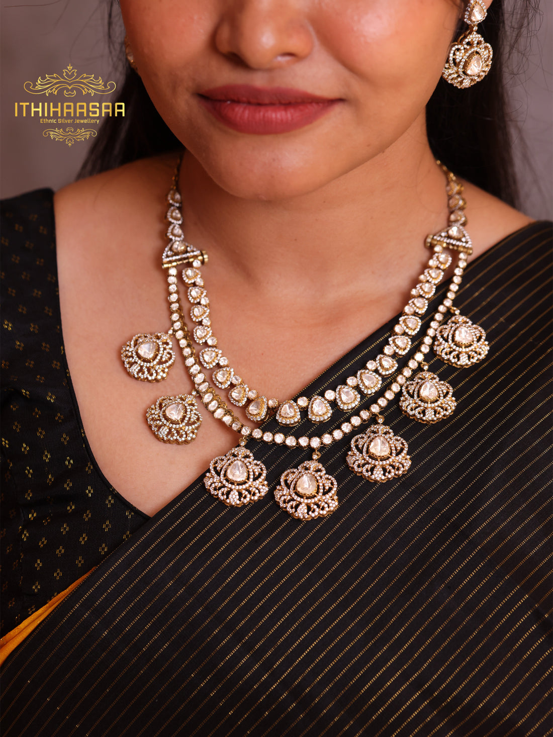 3-in-1 Victorian Uncut Polki Necklace in 92.5 Hallmark Silver