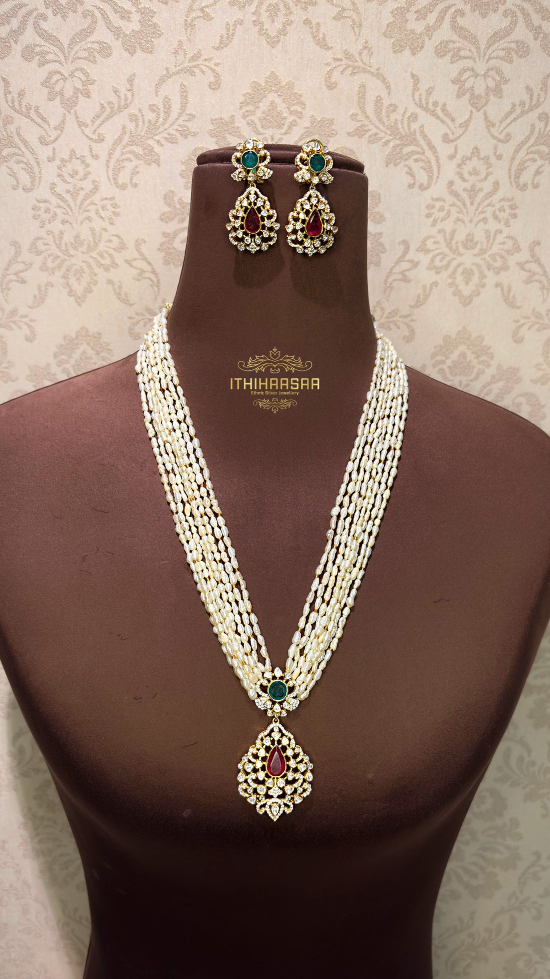 Victorian Pearl Necklace and earrings with semi precious uncut polkis and real kc pearls handcrafted in 92.5 silver by ithihaasaa