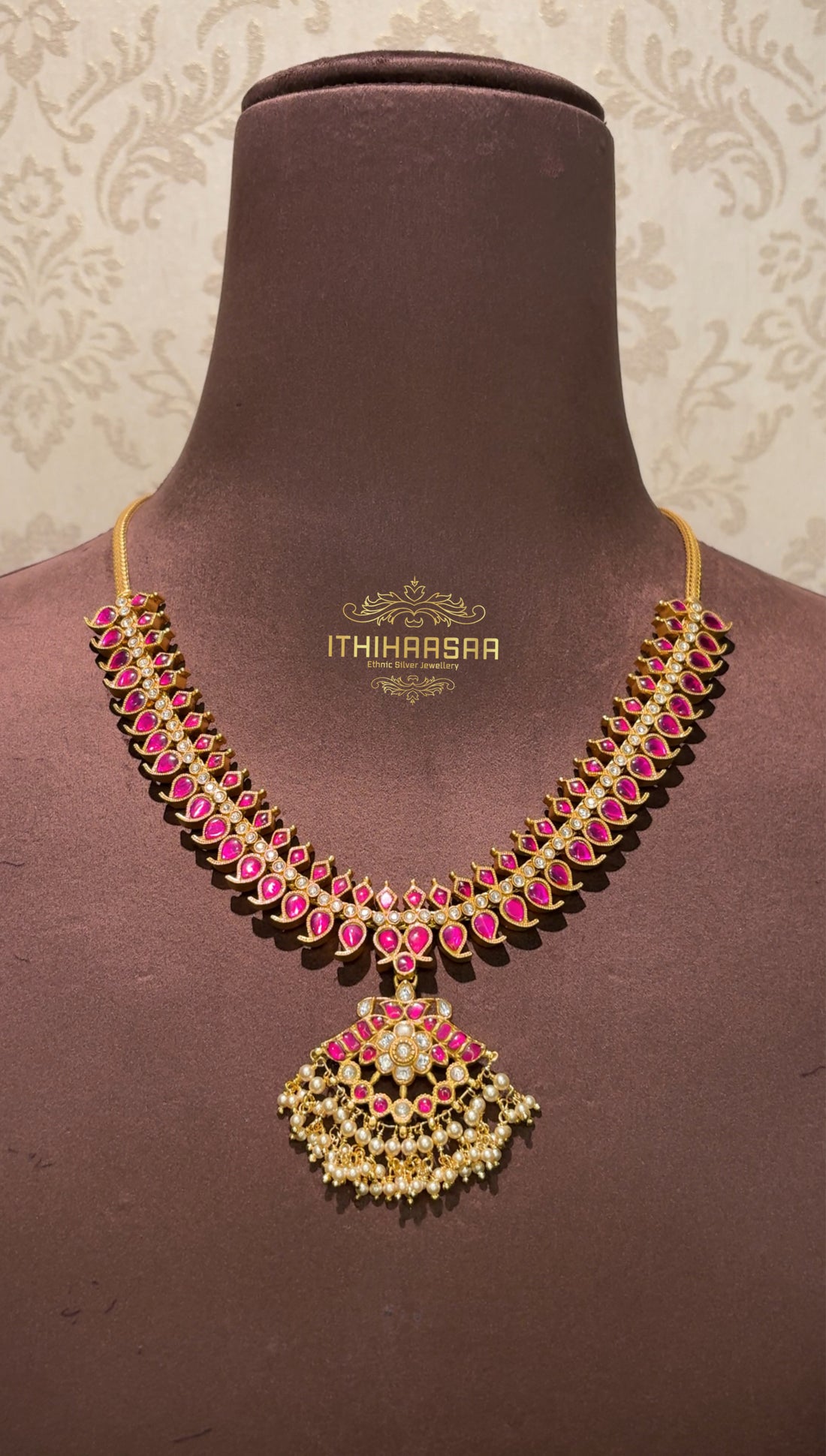 double side kundan mango necklace,92.5 Hallmark Pure Silver, adorned with semi-precious Kundan stones and finished with real pearls