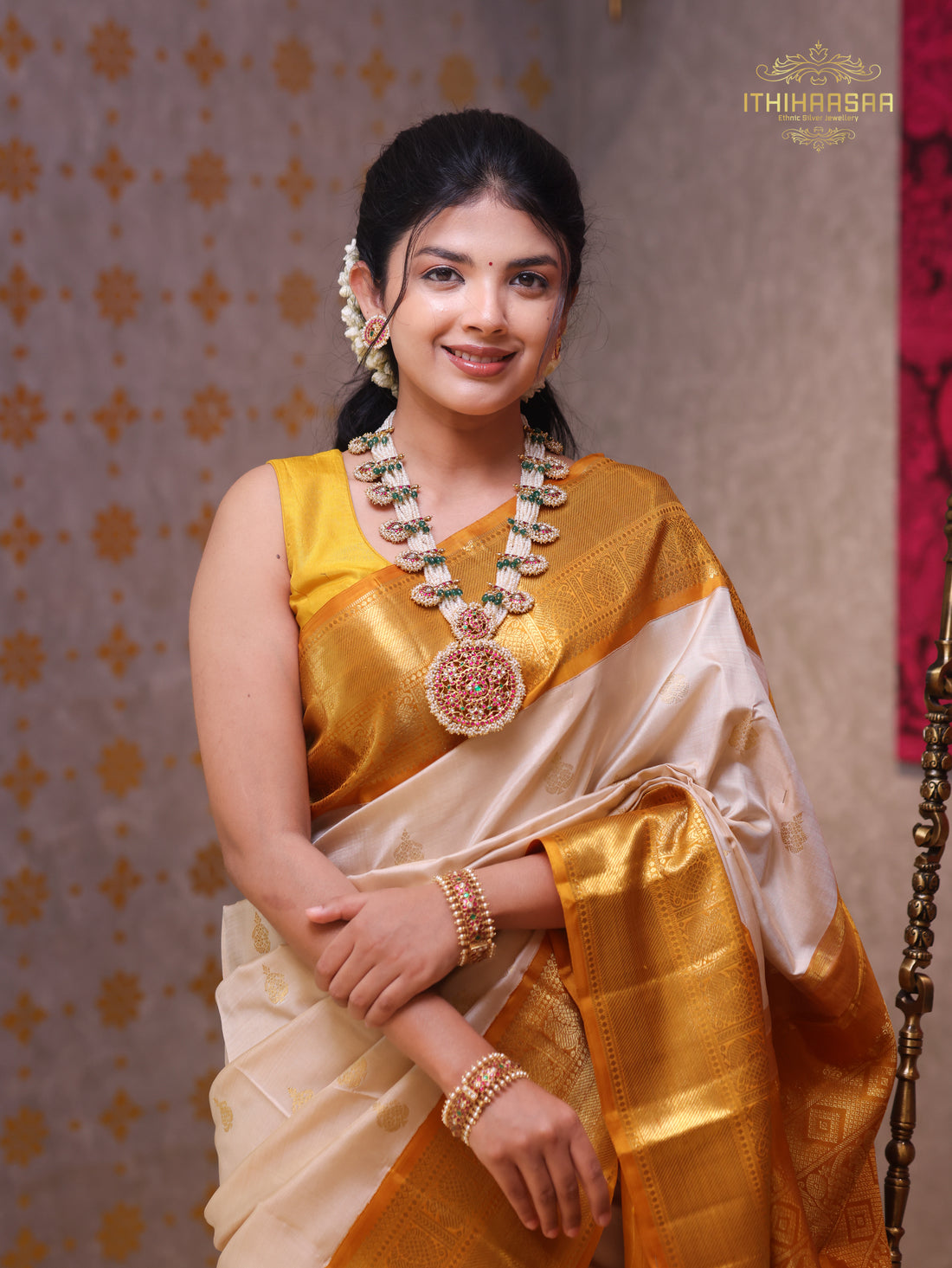 Mayura Mukthika - Real Pearl Peacock Kundan Haar