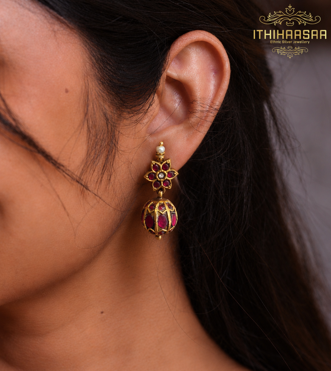 Antique Kundan flower drop earrings in 92.5 hallmark silver with 24ct gold plating, ruby-toned stones and pearl detailing